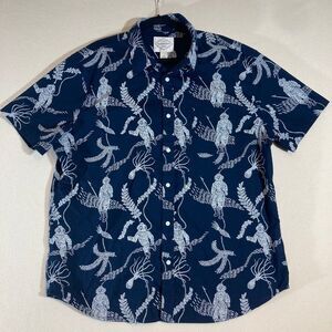 Tropical Scuba Diver Print Button Up Shirt XXL Navy Blue Vacation Resort Wear